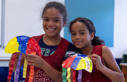 Campers holding up art project